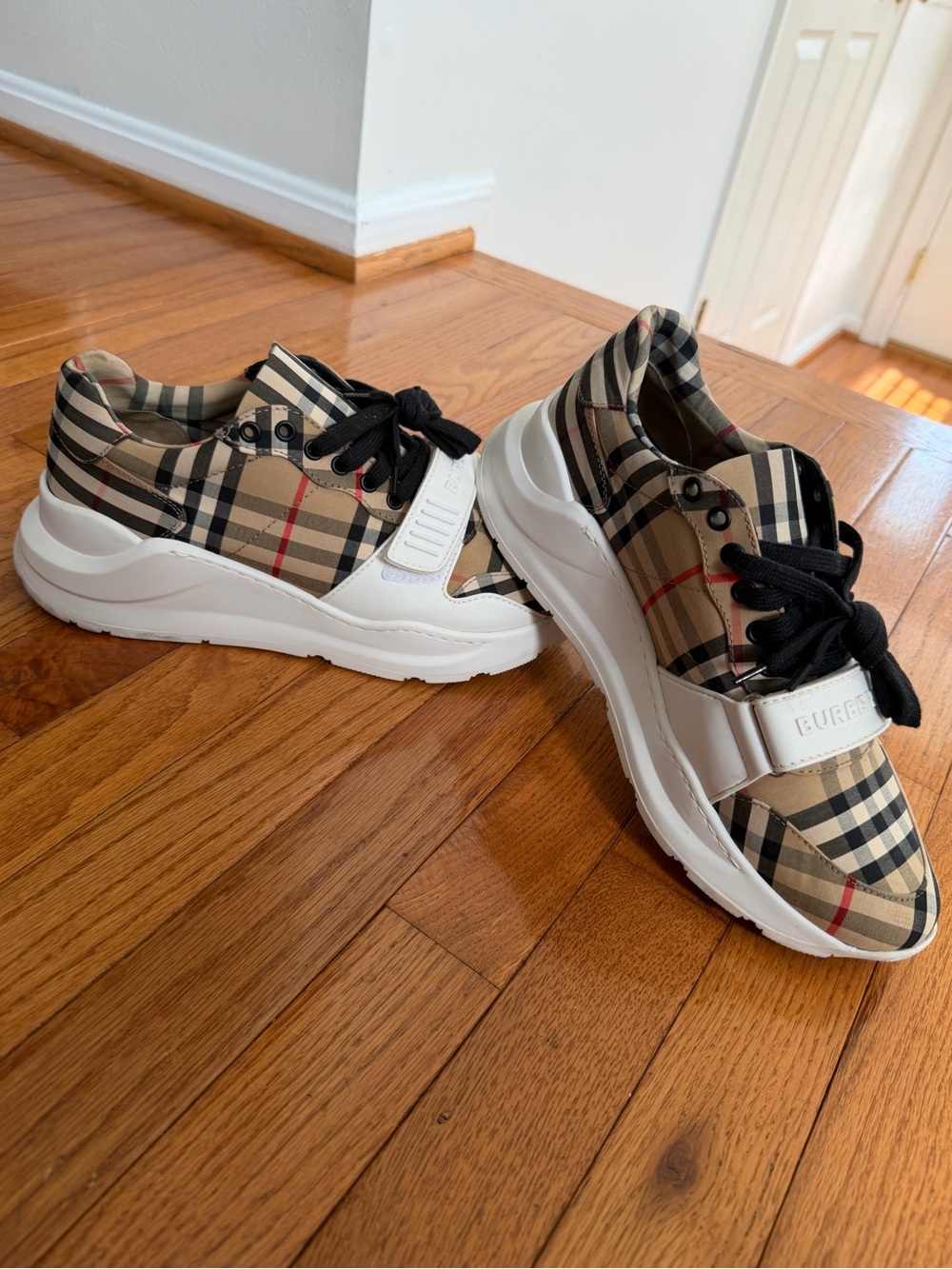 Burberry Beige Plaid Sneakers with Black Laces